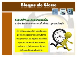 SECCIÓN DE NEGOCIACIÓN
entre toda la comunidad del aprendizaje

 En esta sección los estudiantes
 podrán negociar con el tutor la
recuperación de alguna actividad
  que por una u otra razón no
 pudieron culminar en el tiempo
    estipulado para hacerlo.
 