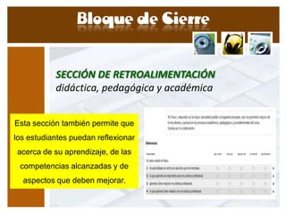 SECCIÓN DE RETROALIMENTACIÓN
           didáctica, pedagógica y académica


Esta sección también permite que
los estudiantes puedan reflexionar
acerca de su aprendizaje, de las
 competencias alcanzadas y de
  aspectos que deben mejorar.
 