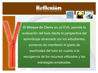 El Bloque de Cierre en un EVA, permite la
evaluación del Aula desde la perspectiva del
aprendizaje alcanzado por los estudiantes,
    poniendo de manifiesto el grado de
    asertividad del tutor en cuanto a la
escogencia de los recursos utilizados y las
          estrategias empleadas.
 
