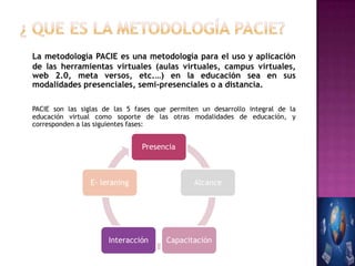 La metodología PACIE es una metodología para el uso y aplicación
de las herramientas virtuales (aulas virtuales, campus virtuales,
web 2.0, meta versos, etc.…) en la educación sea en sus
modalidades presenciales, semi-presenciales o a distancia.

PACIE son las siglas de las 5 fases que permiten un desarrollo integral de la
educación virtual como soporte de las otras modalidades de educación, y
corresponden a las siguientes fases:


                                Presencia



                 E- leraning                   Alcance




                      Interacción      Capacitación
 