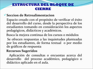 ESTRUCTURA DEL BLOQUE DE
             CIERRE
 Seccion de Retroalimentacion
 Espacio creado con el propósito de verificar el éxito
 del desarrollo del curso, desde la perspectiva de los
 estudiantes tomando en consideración los aspectos
 pedagógicos, didácticos y académicos.
 Busca la mejora continua de los cursos o módulos
 Se ofrecen respuestas a las inquietudes planteadas
 por los estudiantes, de forma textual o por medio
 de gráficos de respuesta
 Recursos Sugeridos
   Aplicación de consultas o encuestas acerca del
 desarrollo del proceso académico, pedagógico o
 didáctico aplicado en el aula.
 