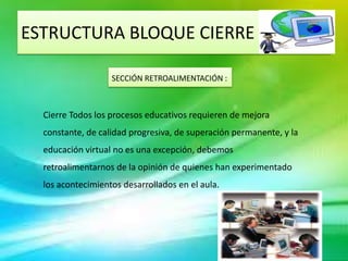 ESTRUCTURA BLOQUE CIERRE

                   SECCIÓN RETROALIMENTACIÓN :



  Cierre Todos los procesos educativos requieren de mejora
  constante, de calidad progresiva, de superación permanente, y la
  educación virtual no es una excepción, debemos
  retroalimentarnos de la opinión de quienes han experimentado
  los acontecimientos desarrollados en el aula.
 