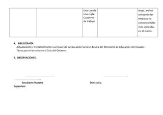 Una cuerda                                      largo, ancho)
                                                             Una regla.                                      utilizando las
                                                             Cuaderno                                        medidas no
                                                             de trabajo
                                                                                                             convencionales
                                                                                                             más utilizadas
                                                                                                             en el medio.
                                                                                                             .


4. BIBLIOGRAFÍA:
  Actualización y Fortalecimiento Curricular de la Educación General Básica del Ministerio de Educación del Ecuador.
  Texto para el estudiante y Guía del Docente.


5. OBSERVACIONES:




         ……………………………….                                                          …………………………..
……………………………..
      Estudiante Maestra                                           Director/a
Supervisor
 