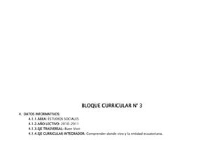 BLOQUE CURRICULAR N° 3
4. DATOS INFORMATIVOS:
     4.1.1. ÁREA: ESTUDIOS SOCIALES
     4.1.2. AÑO LECTIVO: 2010-2011
     4.1.3. EJE TRASVERSAL: Buen Vivir
     4.1.4. EJE CURRICULAR INTEGRADOR: Comprender donde vivo y la entidad ecuatoriana.
 