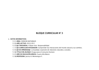 BLOQUE CURRICULAR N° 3

1. DATOS INFORMATIVOS:
     1.1.1. ÁREA: CIENCIAS NATURALES
     1.1.2. AÑO LECTIVO: 2010-2011
     1.1.3. EJE TRASVERSAL: El Buen Vivir: Responsabilidad
     1.1.4. EJE CURRICULAR INTEGRADOR: Comprender las interacciones del mundo natural y sus cambios.
     1.1.5. EJE DE APRENDIZAJE: La localidad, expresión de relaciones naturales y sociales.
     1.1.6. TITULO DEL BLOQUE: El agua para el consumo Humano
     1.1.7. AÑO DE EDUCACIÓN BÁSICA: Cuarto Año Básico
     1.1.8. PROFESORA: Jessica A. Montenegro F.
 