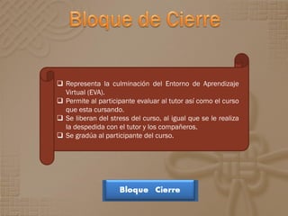  Representa la culminación del Entorno de Aprendizaje
  Virtual (EVA).
 Permite al participante evaluar al tutor así como el curso
  que esta cursando.
 Se liberan del stress del curso, al igual que se le realiza
  la despedida con el tutor y los compañeros.
 Se gradúa al participante del curso.
 