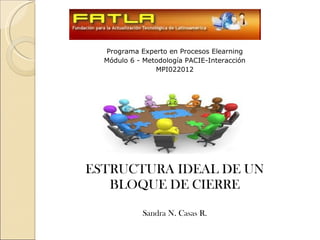 Programa Experto en Procesos Elearning
  Módulo 6 - Metodología PACIE-Interacción
                MPI022012




ESTRUCTURA IDEAL DE UN
   BLOQUE DE CIERRE

            Sandra N. Casas R.
 