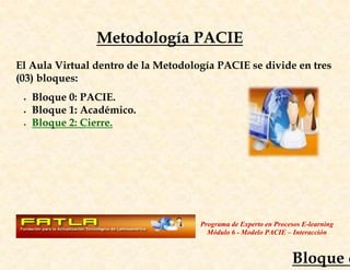 Metodología PACIE
El Aula Virtual dentro de la Metodología PACIE se divide en tres
(03) bloques:
   Bloque 0: PACIE.
   Bloque 1: Académico.
   Bloque 2: Cierre.




                                     Programa de Experto en Procesos E-learning
                                       Módulo 6 - Modelo PACIE – Interacción



                                                                 Bloque d
 