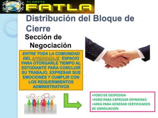Distribución del Bloque de
Cierre
Sección de
 Negociación




               •FORO DE DESPEDIDA
               •FORO PARA EXPRESAR OPINIONES
               •AREA PARA GENERAR CERTIFICADOS
               DE GRADUACION
 