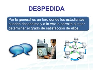 DESPEDIDA Por lo general es un foro donde los estudiantes puedan despedirse y a la vez le permite al tutor determinar el grado de satisfacción de ellos.