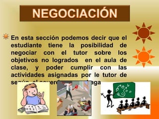 NEGOCIACIÓNEn esta sección podemos decir que el estudiante tiene la posibilidad de negociar con el tutor sobre los objetivos no logrados  en el aula de clase, y poder cumplir con las actividades asignadas por le tutor de segúnel acuerdoque se haga.