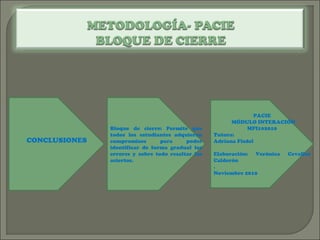 CONCLUSIONES
Bloque de cierre: Permite que
todos los estudiantes adquieran
compromisos para poder
identificar de forma gradual los
errores y sobre todo resaltar los
aciertos.
PACIE
MÓDULO INTERACIÓN
MPI102010
Tutora:
Adriana Fisdel
Elaboración: Verónica Cevallos
Calderón
.
Noviembre 2010
 