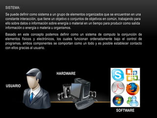 SISTEMA:
Se puede definir como sistema a un grupo de elementos organizados que se encuentran en una
constante interacción, que tiene un objetivo o conjuntos de objetivos en común, trabajando para
ello sobre datos o información sobre energía o material en un tiempo para producir como salida
información o energía o materia u organismos.
Basado en este concepto podemos definir como un sistema de computo la conjunción de
elementos físicos y electrónicos, los cuales funcionan ordenadamente bajo el control de
programas, ambos componentes se comportan como un todo y es posible establecer contacto
con ellos gracias al usuario.




                                   HARDWARE


USUARIO




                                                                             SOFTWARE
 