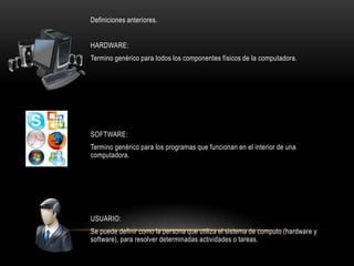 Definiciones anteriores.


HARDWARE:
Termino genérico para todos los componentes físicos de la computadora.




SOFTWARE:
Termino genérico para los programas que funcionan en el interior de una
computadora.




USUARIO:
Se puede definir como la persona que utiliza el sistema de computo (hardware y
software), para resolver determinadas actividades o tareas.
 