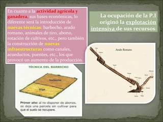 La ocupación de la P.I
originó la explotación
intensiva de sus recursos:
En cuanto a la actividad agrícola y
ganadera, sus bases económicas, lo
diferente será la introducción de
nuevas técnicas: barbecho, arado
romano, animales de tiro, abono,
rotación de cultivos, etc., pero también
la construcción de nuevas
infraestructuras como canales,
acueductos, puentes, etc., los que
provocó un aumento de la producción.
 