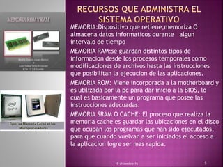 MEMORIA:Dispositivo que retiene,memoriza O
almacena datos informaticos durante algun
intervalo de tiempo
MEMORIA RAM:se guardan distintos tipos de
informacion desde los procesos temporales como
modificaciones de archivos hasta las instrucciones
que posibilitan la ejecucion de las aplicaciones.
MEMORIA ROM: Viene incorporada a la motherboard y
es utilizada por la pc para dar inicio a la BIOS, lo
cual es basicamente un programa que posee las
instrucciones adecuadas.
MEMORIA SRAM O CACHE: El proceso que realiza la
memoria cache es guardar las ubicaciones en el disco
que ocupan los programas que han sido ejecutados,
para que cuando vuelvan a ser iniciados el acceso a
la aplicacion logre ser mas rapida.
15-diciembre-16 5
 
