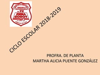 CICLO
ESCOLAR
2018-2019
PROFRA. DE PLANTA
MARTHA ALICIA PUENTE GONZÁLEZ
 