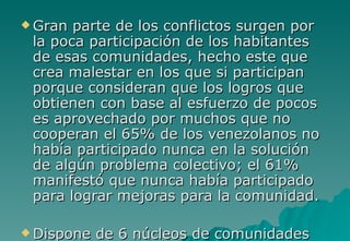  Gran parte de los conflictos surgen por
 la poca participación de los habitantes
 de esas comunidades, hecho este que
 crea malestar en los que si participan
 porque consideran que los logros que
 obtienen con base al esfuerzo de pocos
 es aprovechado por muchos que no
 cooperan el 65% de los venezolanos no
 había participado nunca en la solución
 de algún problema colectivo; el 61%
 manifestó que nunca había participado
 para lograr mejoras para la comunidad.

 Dispone   de 6 núcleos de comunidades
 