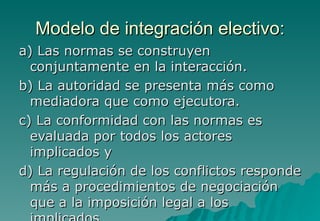 Modelo de integración electivo:
a) Las normas se construyen
  conjuntamente en la interacción.
b) La autoridad se presenta más como
  mediadora que como ejecutora.
c) La conformidad con las normas es
  evaluada por todos los actores
  implicados y
d) La regulación de los conflictos responde
  más a procedimientos de negociación
  que a la imposición legal a los
 