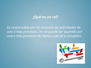 ¿Qué es un rol?
Es responsable por un conjunto de actividades de
uno o más procesos. Un rol puede ser asumido por
una o más personas de tiempo parcial o completo.
 