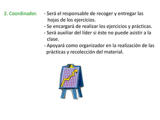 2. Coordinador.   - Será el responsable de recoger y entregar las
                    hojas de los ejercicios.
                  - Se encargará de realizar los ejercicios y prácticas.
                  - Será auxiliar del líder si éste no puede asistir a la
                    clase.
                  - Apoyará como organizador en la realización de las
                    prácticas y recolección del material.
 