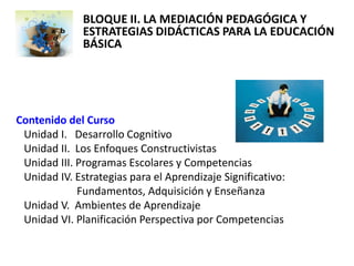 BLOQUE II. LA MEDIACIÓN PEDAGÓGICA Y
              ESTRATEGIAS DIDÁCTICAS PARA LA EDUCACIÓN
              BÁSICA




Contenido del Curso
 Unidad I. Desarrollo Cognitivo
 Unidad II. Los Enfoques Constructivistas
 Unidad III. Programas Escolares y Competencias
 Unidad IV. Estrategias para el Aprendizaje Significativo:
             Fundamentos, Adquisición y Enseñanza
 Unidad V. Ambientes de Aprendizaje
 Unidad VI. Planificación Perspectiva por Competencias
 