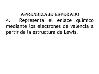 APRENDIZAJE ESPERADO
4. Representa el enlace químico
mediante los electrones de valencia a
partir de la estructura de Lewis.
 