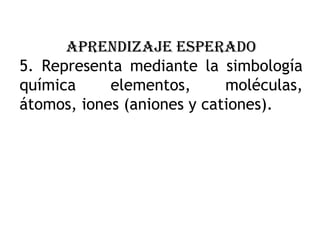 APRENDIZAJE ESPERADO
5. Representa mediante la simbología
química elementos, moléculas,
átomos, iones (aniones y cationes).
 