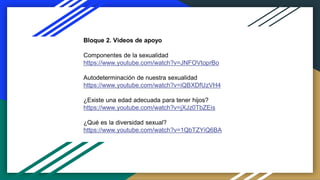 Bloque 2. Videos de apoyo
Componentes de la sexualidad
https://www.youtube.com/watch?v=JNFOVtoprBo
Autodeterminación de nuestra sexualidad
https://www.youtube.com/watch?v=iQBXDfUzVH4
¿Existe una edad adecuada para tener hijos?
https://www.youtube.com/watch?v=jXJz0TbZEis
¿Qué es la diversidad sexual?
https://www.youtube.com/watch?v=1QbTZYiQ6BA
 