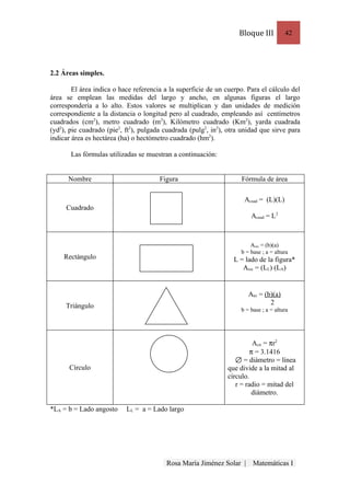 Bloque III         42




2.2 Áreas simples.

        El área indica o hace referencia a la superficie de un cuerpo. Para el cálculo del
área se emplean las medidas del largo y ancho, en algunas figuras el largo
correspondería a lo alto. Estos valores se multiplican y dan unidades de medición
correspondiente a la distancia o longitud pero al cuadrado, empleando así centímetros
cuadrados (cm2), metro cuadrado (m2), Kilómetro cuadrado (Km2), yarda cuadrada
(yd2), pie cuadrado (pie2, ft2), pulgada cuadrada (pulg2, in2), otra unidad que sirve para
indicar área es hectárea (ha) o hectómetro cuadrado (hm2).

       Las fórmulas utilizadas se muestran a continuación:


      Nombre                           Figura                       Fórmula de área

                                                                     Acuad = (L)(L)
     Cuadrado
                                                                        Acuad = L2



                                                                        Arec = (b)(a)
                                                                    b = base ; a = altura
    Rectángulo                                                    L = lado de la figura*
                                                                     Arec = (LL) (LA)


                                                                       Atri = (b)(a)
     Triángulo                                                                  2
                                                                    b = base ; a = altura




                                                                         Acir = πr2
                                                                        π = 3.1416
                                                                     = diámetro = línea
      Círculo                                                  que divide a la mitad al
                                                               círculo.
                                                                  r = radio = mitad del
                                                                         diámetro.

*LA = b = Lado angosto     LL = a = Lado largo




                                         Rosa María Jiménez Solar |      Matemáticas I
 