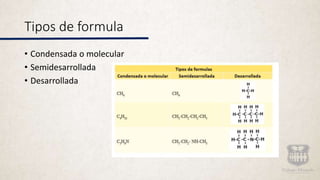 Tipos de formula
• Condensada o molecular
• Semidesarrollada
• Desarrollada
 