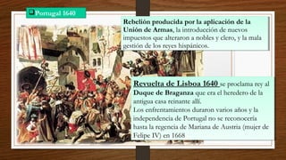 Portugal 1640
Revuelta de Lisboa 1640 se proclama rey al
Duque de Braganza que era el heredero de la
antigua casa reinante allí.
Los enfrentamientos duraron varios años y la
independencia de Portugal no se reconocería
hasta la regencia de Mariana de Austria (mujer de
Felipe IV) en 1668
Revuelta de Lisboa 1640 se proclama rey al
Duque de Braganza que era el heredero de la
antigua casa reinante allí.
Los enfrentamientos duraron varios años y la
independencia de Portugal no se reconocería
hasta la regencia de Mariana de Austria (mujer de
Felipe IV) en 1668
Rebelión producida por la aplicación de la
Unión de Armas, la introducción de nuevos
impuestos que alteraron a nobles y clero, y la mala
gestión de los reyes hispánicos.
Rebelión producida por la aplicación de la
Unión de Armas, la introducción de nuevos
impuestos que alteraron a nobles y clero, y la mala
gestión de los reyes hispánicos.
 