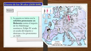 1. La guerra se inicia con la
rebelión protestante en
Bohemia contra el imperio
de los Habsburgo
austriacos. Felipe IV acude
en ayuda del imperio y
derrotan a los protestantes
en 1620.
1. La guerra se inicia con la
rebelión protestante en
Bohemia contra el imperio
de los Habsburgo
austriacos. Felipe IV acude
en ayuda del imperio y
derrotan a los protestantes
en 1620.
Guerra de los 30 años (1618-1648)Guerra de los 30 años (1618-1648)
Fases:Fases:
 