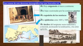el flujo migratorio al nuevo continente
las bajas ocasionadas por las continuas guerras
la expulsión de los moriscos
las epidemias entre 1601 y 1685
el declive del incipiente sector industrial y
comercial, acentuando la ruralización, y las crisis
agrícolas.
el flujo migratorio al nuevo continente
las bajas ocasionadas por las continuas guerras
la expulsión de los moriscos
las epidemias entre 1601 y 1685
el declive del incipiente sector industrial y
comercial, acentuando la ruralización, y las crisis
agrícolas.
Las causas de este descenso demográfico hay que buscarlas en:Las causas de este descenso demográfico hay que buscarlas en:
 