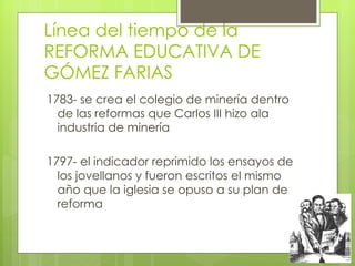 Línea del tiempo de la REFORMA EDUCATIVA DE GÓMEZ FARIAS  1783- se crea el colegio de minería dentro de las reformas que Carlos III hizo ala industria de minería  1797- el indicador reprimido los ensayos de los jovellanos y fueron escritos el mismo año que la iglesia se opuso a su plan de reforma  