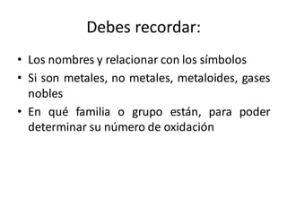 Debes recordar:
• Los nombres y relacionar con los símbolos
• Si son metales, no metales, metaloides, gases
nobles
• En qué familia o grupo están, para poder
determinar su número de oxidación
 