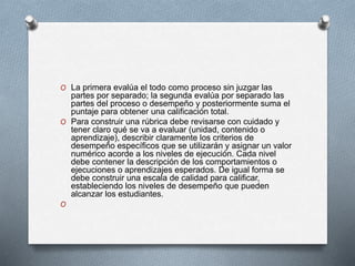 O La primera evalúa el todo como proceso sin juzgar las
partes por separado; la segunda evalúa por separado las
partes del proceso o desempeño y posteriormente suma el
puntaje para obtener una calificación total.
O Para construir una rúbrica debe revisarse con cuidado y
tener claro qué se va a evaluar (unidad, contenido o
aprendizaje), describir claramente los criterios de
desempeño específicos que se utilizarán y asignar un valor
numérico acorde a los niveles de ejecución. Cada nivel
debe contener la descripción de los comportamientos o
ejecuciones o aprendizajes esperados. De igual forma se
debe construir una escala de calidad para calificar,
estableciendo los niveles de desempeño que pueden
alcanzar los estudiantes.
O
 