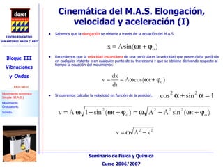 Cinemática del M.A.S. Elongación, velocidad y aceleración (I)‏ Sabemos que la  elongación  se obtiene a través de la ecuación del M.A.S Recordemos que la  velocidad instantánea  de una partícula es la velocidad que posee dicha partícula en cualquier instante o en cualquier punto de su trayectoria y que se obtiene derivando respecto al tiempo la ecuación del movimiento: Si queremos calcular la velocidad en función de la posición. 