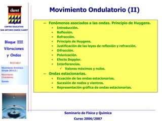 Movimiento Ondulatorio (II)‏ Fenómenos asociados a las ondas. Principio de Huygens. Introducción. Reflexión. Refracción. Principio de Huygens. Justificación de las leyes de reflexión y refracción. Difracción. Polarización. Efecto Doppler. Interferencias. Valores máximos y nulos. Ondas estacionarias. Ecuación de las ondas estacionarias. Sucesión de nodos y vientres. Representación gráfica de ondas estacionarias. 