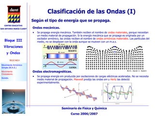 Clasificación de las Ondas (I)‏ Se propaga energía mecánica. También reciben el nombre de  ondas materiales , porque necesitan un medio material de propagación. Si la energía mecánica que se propaga es originada por un oscilador armónico, las ondas reciben el nombre de  ondas armónicas materiales . Las partículas del medio, no se desplazan con la onda aunque se mueven con un m.a.s. Según el tipo de energía que se propaga.  Ondas mecánicas. Ondas electromagnéticas. Se propaga energía em producida por oscilaciones de cargas eléctricas aceleradas. No se necesita medio material de propagación.  Maxwell  predijo las ondas em y  Hertz  las detectó experimentalmente. 