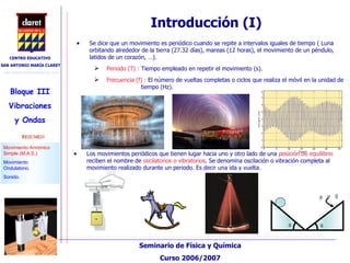 Introducción (I) Se dice que un movimiento es periódico cuando se repite a intervalos iguales de tiempo ( Luna  orbitando alrededor de la tierra (27.32 días), mareas (12 horas), el movimiento de un péndulo, latidos de un corazón, …). Periodo (T) :  Tiempo empleado en repetir el movimiento (s). Frecuencia (f) :  El número de vueltas completas o ciclos que realiza el móvil en la unidad de    tiempo (Hz). Los movimientos periódicos que tienen lugar hacia uno y otro lado de una  posición de equilibrio  reciben el nombre de  oscilatorios o vibratorios . Se denomina oscilación o vibración completa al movimiento realizado durante un periodo. Es decir una ida y vuelta. 