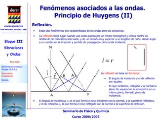 Fenómenos asociados a las ondas.  Principio de Huygens (II)‏ Estos dos fenómenos son característicos de las ondas pero no exclusivos. La  reflexión  tiene lugar cuando una onda avanza por un medio homogéneo y choca contra un obstáculo de naturaleza adecuada, y de un tamaño muy superior a su longitud de onda, dando lugar a un cambio en la dirección y sentido de propagación de la onda incidente. Reflexión. El ángulo de incidencia, i, es el que forma el rayo incidente con la normal, a la superficie reflectora, y el de reflexión, r, al que forma el rayo reflejado con la normal a la superficie de reflexión. La  reflexión  se basa en  dos leyes : El ángulo de incidencia y el de reflexión son iguales. El rayo incidente, reflejado y la normal la plano de separación se encuentra en un mismo plano, llamado plano de incidencia. N B’ B A A’ 