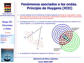 La onda resultante de una interferencia se obtiene aplicando el  principio de superposición :  Cuando dos o más ondas concurren en un mismo punto, la perturbación resultante es igual a la suma de las perturbaciones que produciría cada una por separado . Supongamos dos focos F 1  y F 2  emisores de ondas armónicas coherentes que van a interferir en el punto P distante x 1  y x 2  de dichos focos, respectivamente. El resultado de la interferencia depende de la diferencia:  d=x 2 -x 1 .  Fenómenos asociados a las ondas.  Principio de Huygens (XIII)‏ 