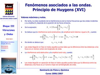 Por tanto, la onda resultante de la interferencia es de la misma frecuencia que las ondas incidentes y su amplitud A r  depende de la posición de los focos emisores.  Valores máximos y nulos.   De la expresión: Se deduce que la  interferencia será constructiva  y la  amplitud será máxima e igual a 2A  , cuando: De donde se deduce que: Las ondas llegarán en fase en todos aquellos puntos tales que la diferencia entre las distancias a los focos es un número entero de longitudes de onda.  La  interferencia será destructiva  y la  amplitud será nula , cuando: Las ondas llegarán en oposición de fase en todos aquellos puntos tales que la diferencia entre las distancias a los focos es un número impar de semilongitudes de onda.  Fenómenos asociados a las ondas.  Principio de Huygens (XVI)‏ 