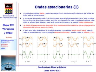 Ondas estacionarias (I)‏ Un medio se considera  abierto  cuando la propagación no encuentra ningún obstáculo que refleje las ondas hacia la fuente emisora. Si un tren de ondas se encuentra con una frontera, la parte reflejada interfiere con la parte incidente del tren de ondas. Cuando se confinan las ondas en una región del espacio mediante fronteras, estas ondas se reflejan hacia delante y hacia atrás en dichas fronteras, y se originan  ondas estacionarias . Las ondas estacionarias son las resultantes de la interferencia de dos idénticas que se propagan en la misma dirección pero en sentido contrario.  El perfil de la onda estacionaria no se desplaza debido a que existen  puntos fijos o nodos , para los cuales la amplitud es cero y otros, llamados  vientres (o antinodos) , para los cuales es  máxima ( ± 2A) . 