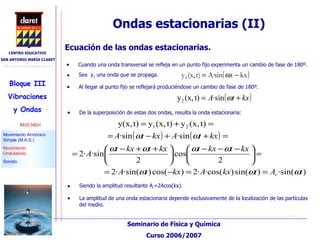 Ondas estacionarias (II)‏ Cuando una onda transversal se refleja en un punto fijo experimenta un cambio de fase de 180º. Sea  y 1  una onda que se propaga. Al llegar al punto fijo se reflejará produciéndose un cambio de fase de 180º. De la superposición de estas dos ondas, resulta la onda estacionaria: Siendo la amplitud resultante A r =2Acos(kx). Ecuación de las ondas estacionarias. La amplitud de una onda estacionaria depende exclusivamente de la localización de las partículas del medio. 