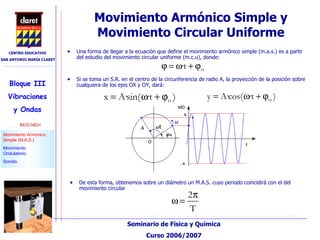Una forma de llegar a la ecuación que define el movimiento armónico simple (m.a.s.) es a partir del estudio del movimiento circular uniforme (m.c.u), donde: Movimiento Armónico Simple y Movimiento Circular Uniforme Si se toma un S.R. en el centro de la circunferencia de radio A, la proyección de la posición sobre cualquiera de los ejes OX y OY, dará: De esta forma, obtenemos sobre un diámetro un M.A.S. cuyo periodo coincidirá con el del movimiento circular 