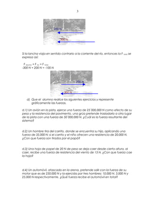 3




                              200 N


                                  300 N



Si la lancha viaja en sentido contrario a la corriente del río, entonces la F   total   se
expresa así:

 F lancha + F río = F total
-300 N + 200 N = -100 N



                                              200 N


                                      300 N

    d) Que el alumno realice los siguientes ejercicios y represente
       gráficamente las fuerzas.

d.1) Un avión en la pista, ejerce una fuerza de 25´000,000 N como efecto de su
peso y la resistencia del pavimento, una grúa pretende trasladarlo a otro lugar
de la pista con una fuerza de 50´000,000 N. ¿Cuál es la fuerza resultante del
sistema?


d.2) Un hombre tira del carrito, donde se encuentra su hijo, aplicando una
fuerza de 35,000 N; si el carrito y el niño ofrecen una resistencia de 20,000 N.
¿Con que fuerza son tirados por el papá?


d.3) Una hoja de papel de 20 N de peso se deja caer desde cierta altura, al
caer, recibe una fuerza de resistencia del viento de 13 N. ¿Con que fuerza cae
la hoja?



d.4) Un automóvil, atascado en la arena, pretende salir con la fuerza de su
motor que es de 250,000 N y la ejercida por tres hombres: 10,000 N, 3,000 N y
25,000 N respectivamente. ¿Qué fuerza recibe el automóvil en total?
 