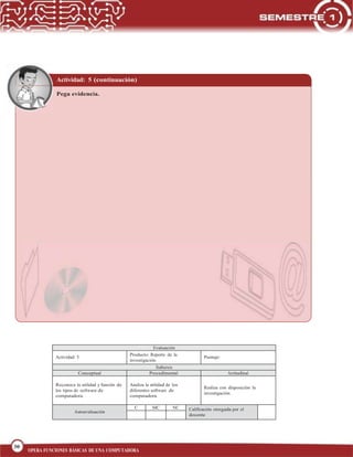 30
BLOQUE 1
30
OPERA FUNCIONES BÁSICAS DE UNA COMPUTADORA
Actividad: 5 (continuación)
Pega evidencia.
Evaluación
Actividad: 5
Producto: Reporte de la
investigación
Puntaje:
Saberes
Conceptual Procedimental Actitudinal
Reconoce la utilidad y función de
los tipos de software de
computadora.
Analiza la utilidad de los
diferentes software de
computadora.
Realiza con disposición la
investigación.
Autoevaluación
C MC NC Calificación otorgada por el
docente
 