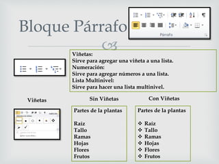 
Bloque Párrafo
Viñetas:
Sirve para agregar una viñeta a una lista.
Numeración:
Sirve para agregar números a una lista.
Lista Multinivel:
Sirve para hacer una lista multinivel.
Viñetas
Partes de la plantas
Raíz
Tallo
Ramas
Hojas
Flores
Frutos
Partes de la plantas
 Raíz
 Tallo
 Ramas
 Hojas
 Flores
 Frutos
Sin Viñetas Con Viñetas
 